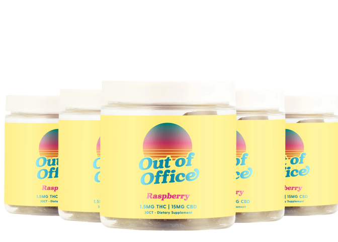 Five jars labeled 'Out of Office' with raspberry flavor and THC/CBD content.