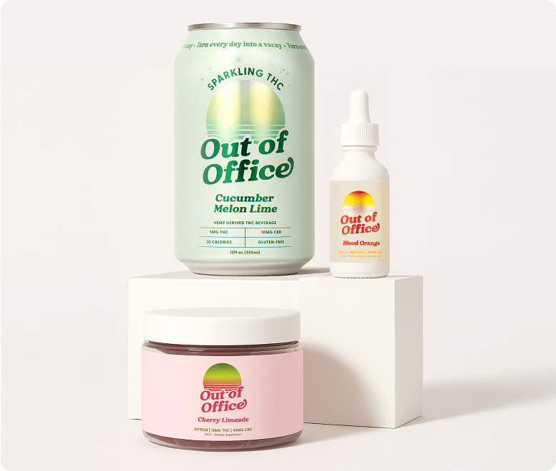 Three 'Out of Office' branded products on display.