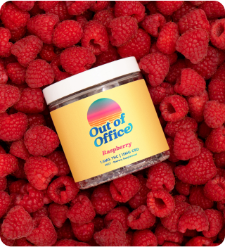 Jar labeled 'Out of Office Raspberry' surrounded by fresh raspberries.