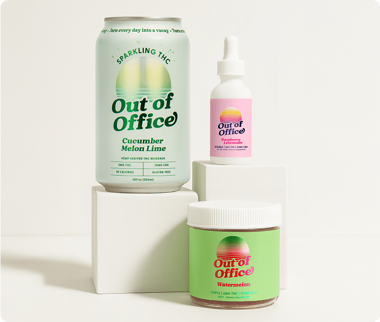 Three 'Out of Office' products on white pedestals: a can, a dropper bottle, and a jar.