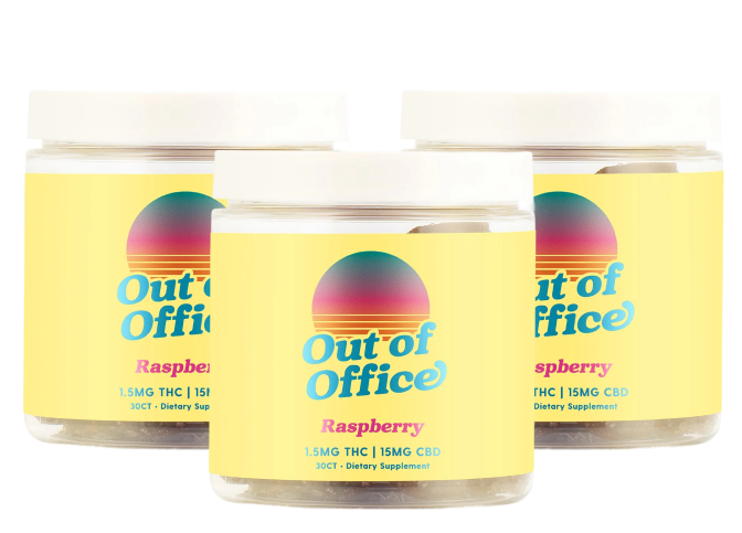 Three jars labeled 'Out of Office' with raspberry flavor and THC/CBD content.