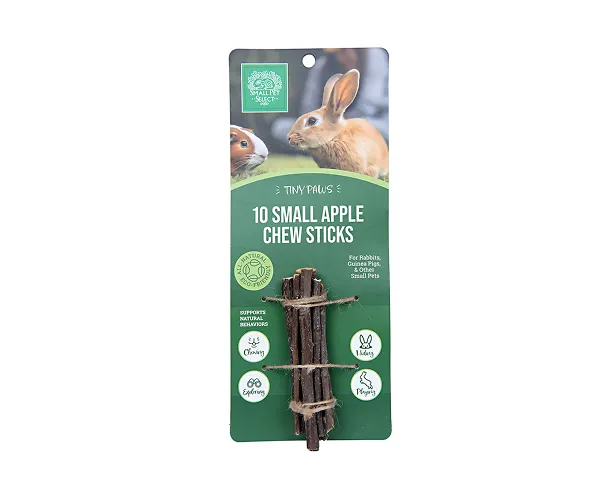 A package of 10 Small Apple Chew Sticks for small pets, featuring a rabbit and guinea pig.