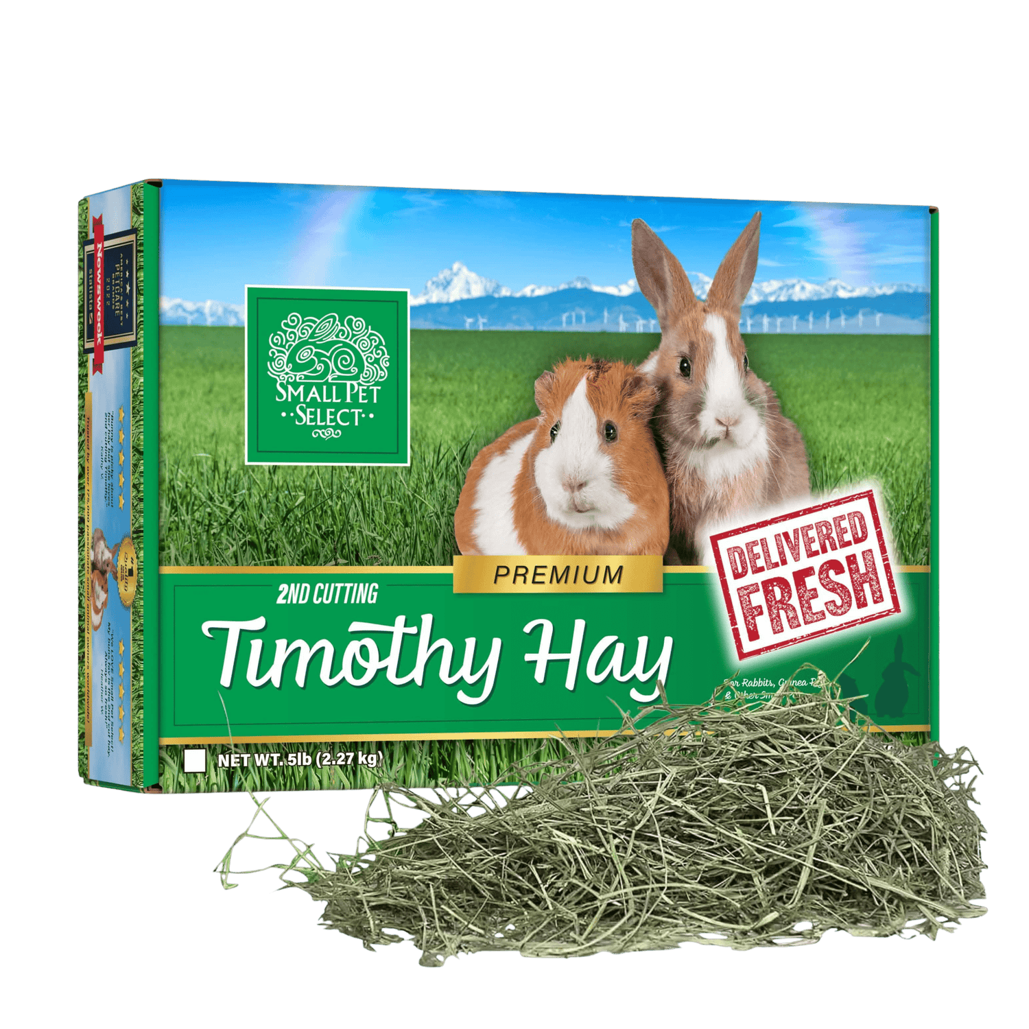 A box of Small Pet Select Timothy Hay with a rabbit, a guinea pig, and loose hay in front.