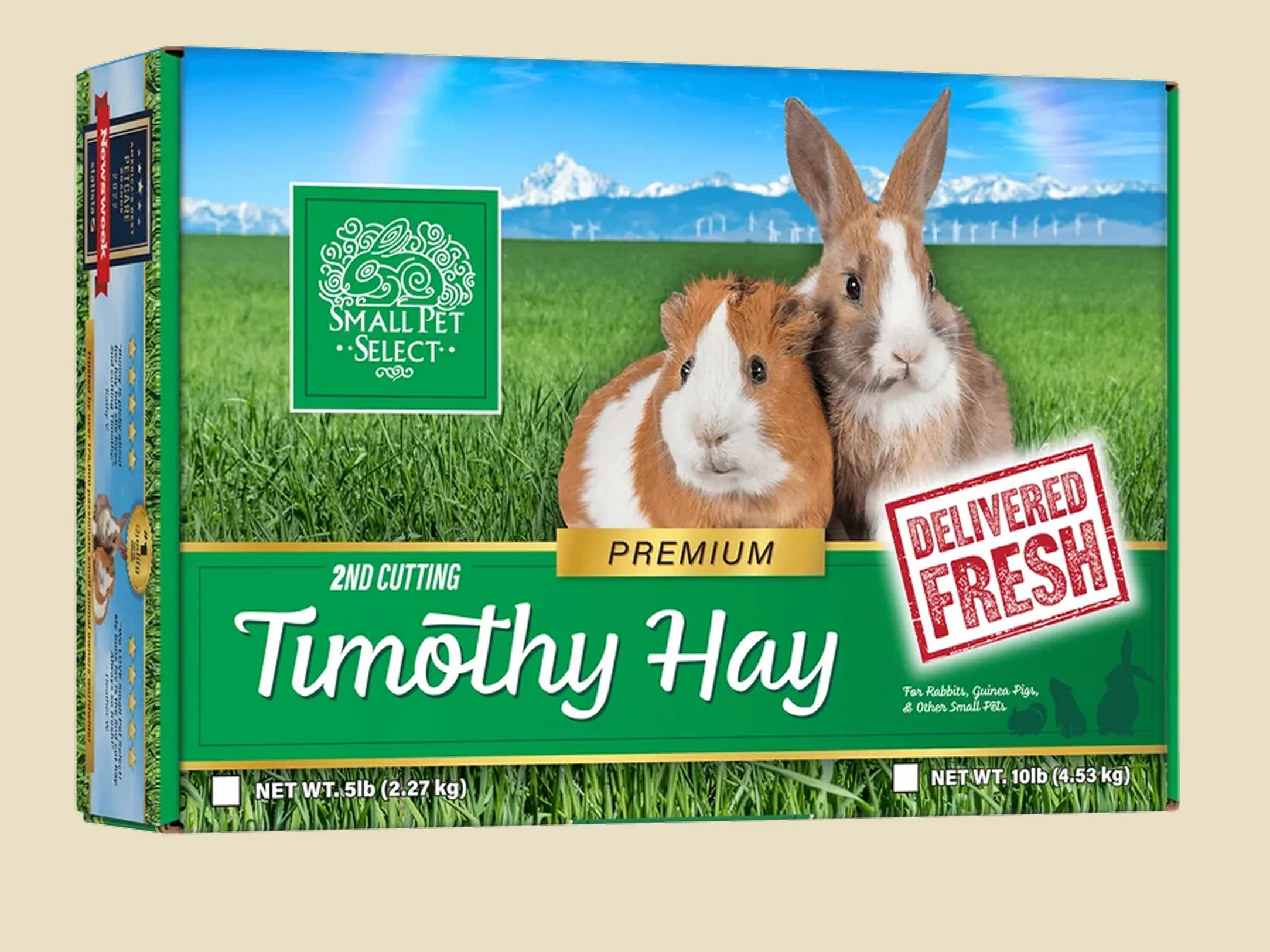 A box of Small Pet Select Timothy Hay with a rabbit and a guinea pig on the front.