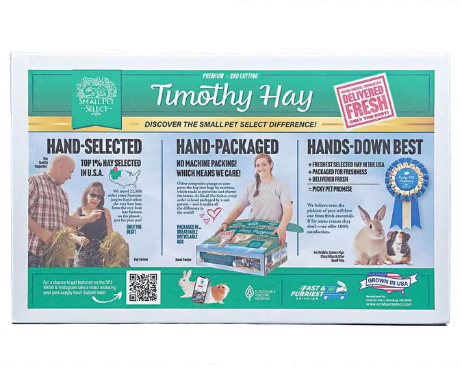 Three rabbits in front of a Timothy Hay product package with 'Delivered Fresh' stamp.