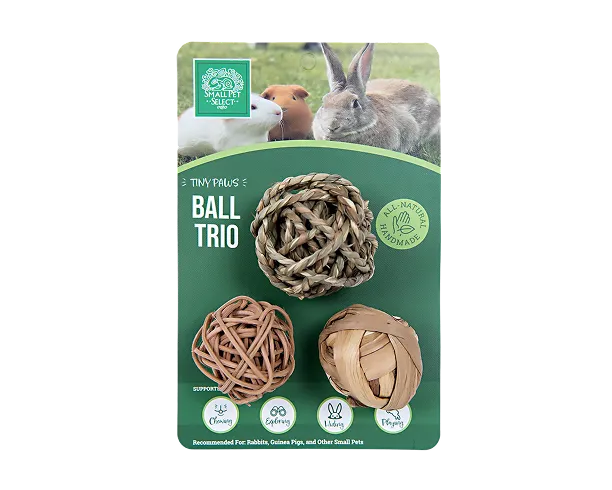 A package of three woven, natural ball toys for small pets by Small Pet Select.