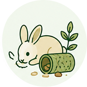 An illustration of a small rabbit lying down and eating next to a green log toy.