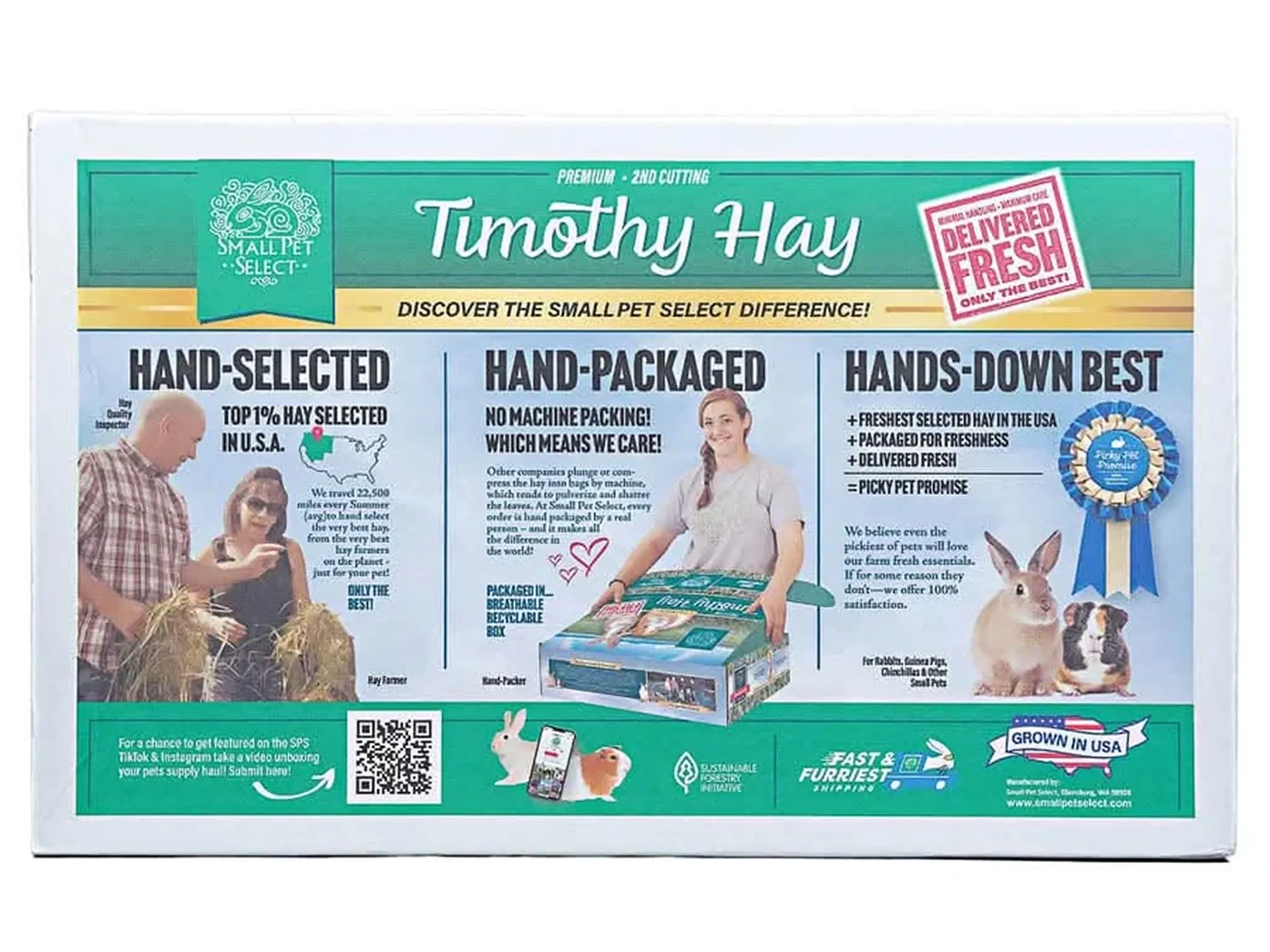 The packaging for Small Pet Select brand Timothy Hay, showing its features and benefits for small pets.