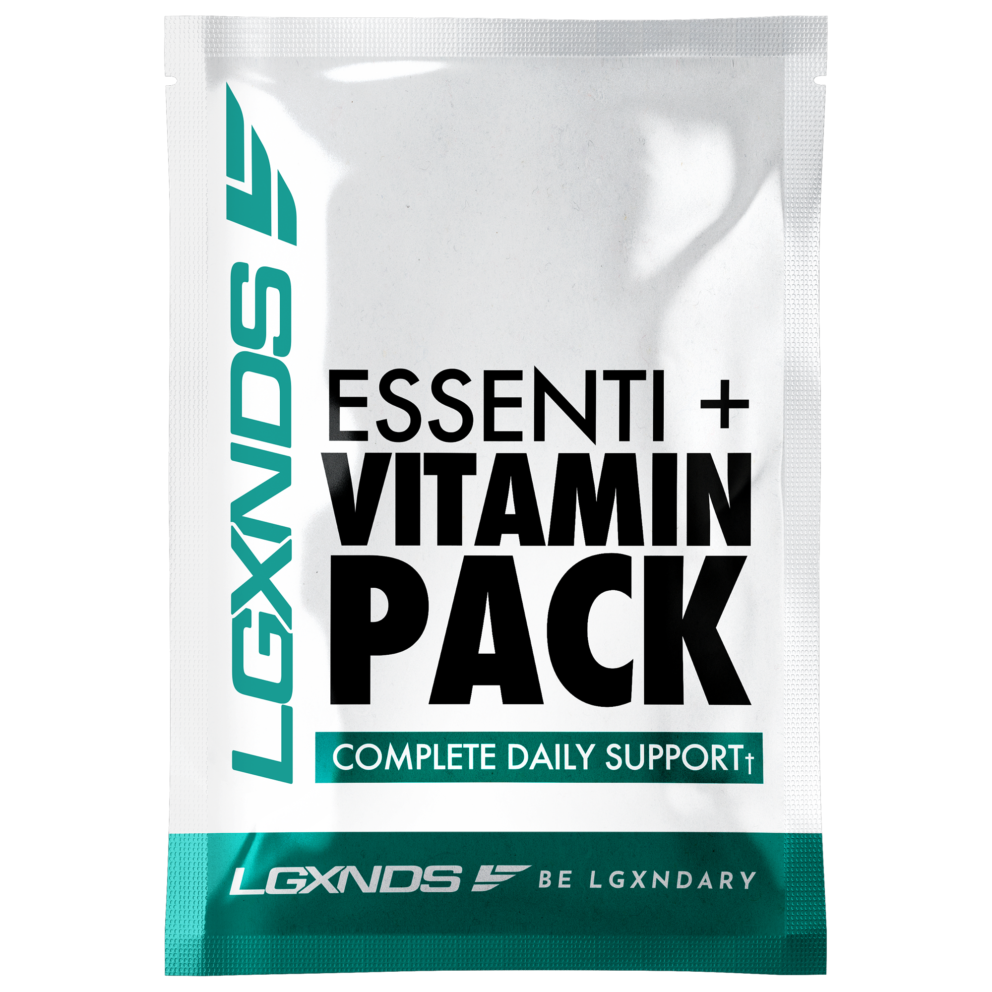 A white and teal packet of LGXNDS Essenti+ Vitamin Pack for complete daily support.