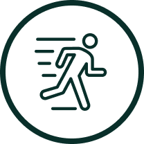 Icon of a person running, with motion lines, in a green circle.