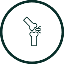 Simple line drawing of a knee joint inside a circle.