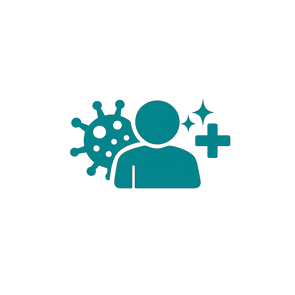 A red line icon of a stomach surrounded by sparkles on a white background.