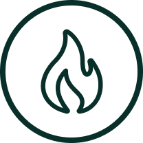 Black flame icon in a circle on white background.