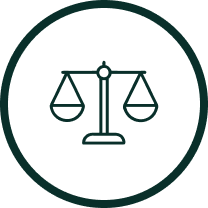 Outlined scales of justice icon inside a circle.