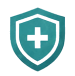 A line art icon of a red shield with a plus sign, encircled by three orbital rings.