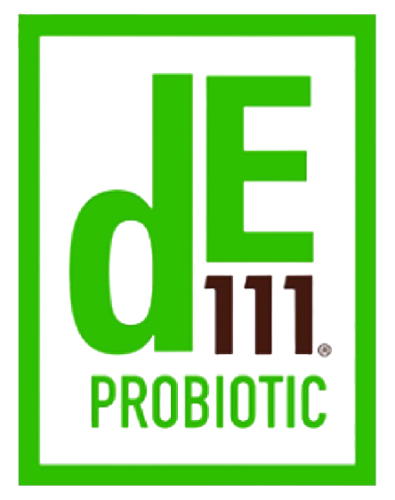 The DE111 Probiotic logo, with green and brown text inside a green square on a black background.