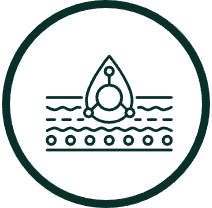 Abstract icon of water droplet and waves inside a circle.