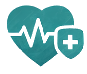 A teal heart icon with a heartbeat line and a shield with a plus sign.