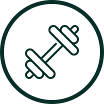 Simple line drawing of a dumbbell inside a circular border.