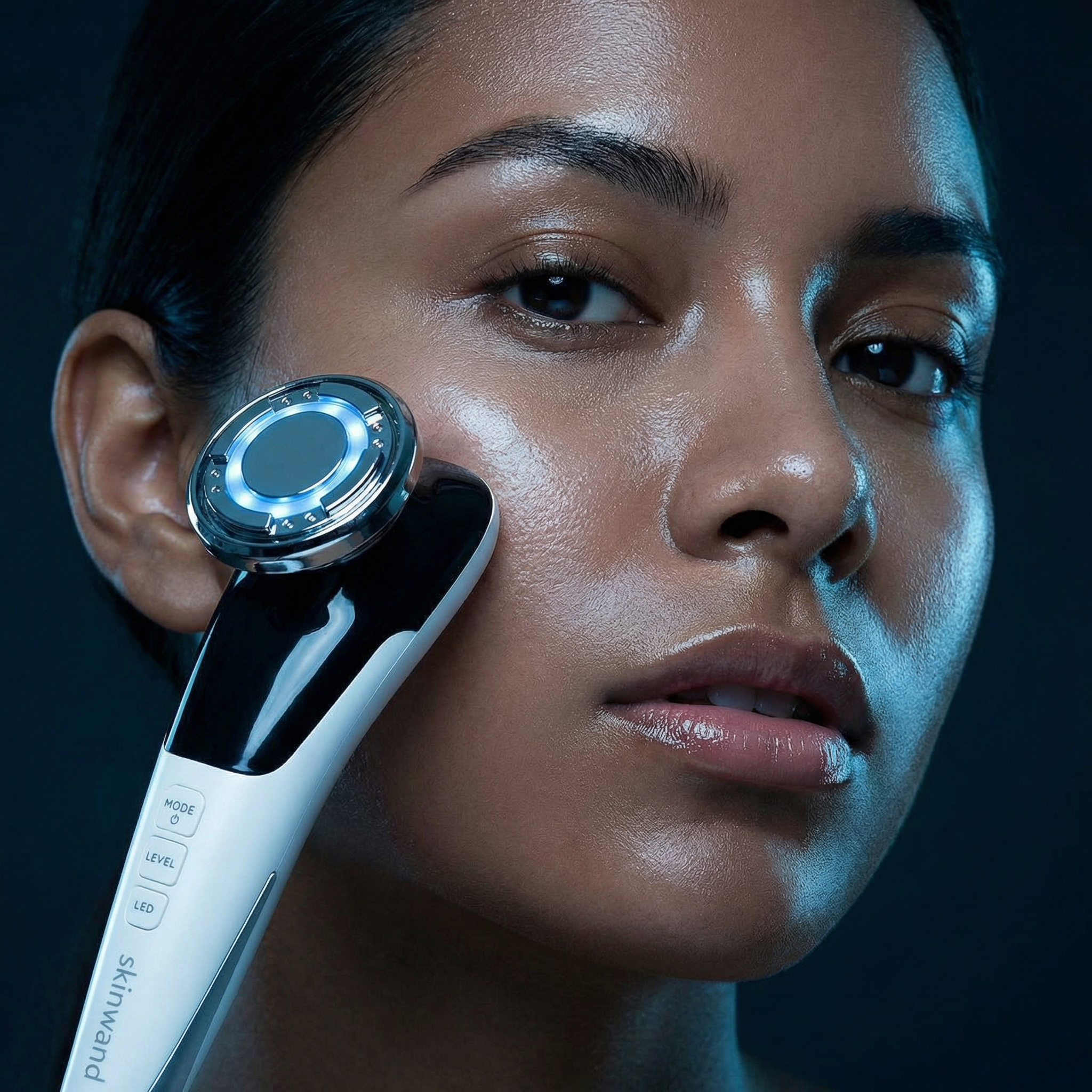 A close-up of a woman holding a skinwand device with a blue light to her cheek.