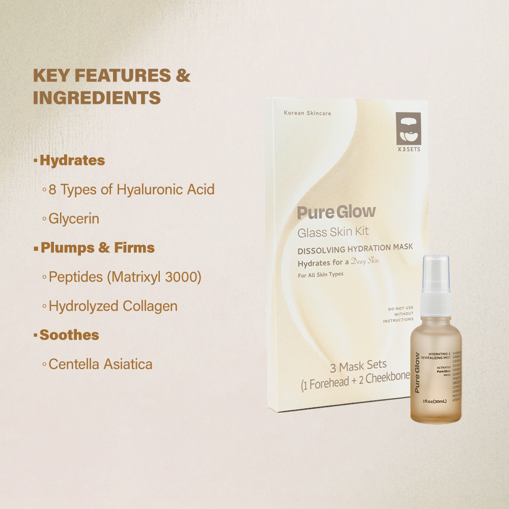 Skincare product packaging with key features and ingredients listed on the left.
