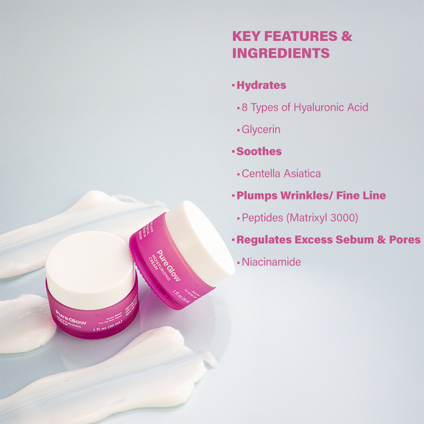 Two pink skincare jars with text listing key features and ingredients.