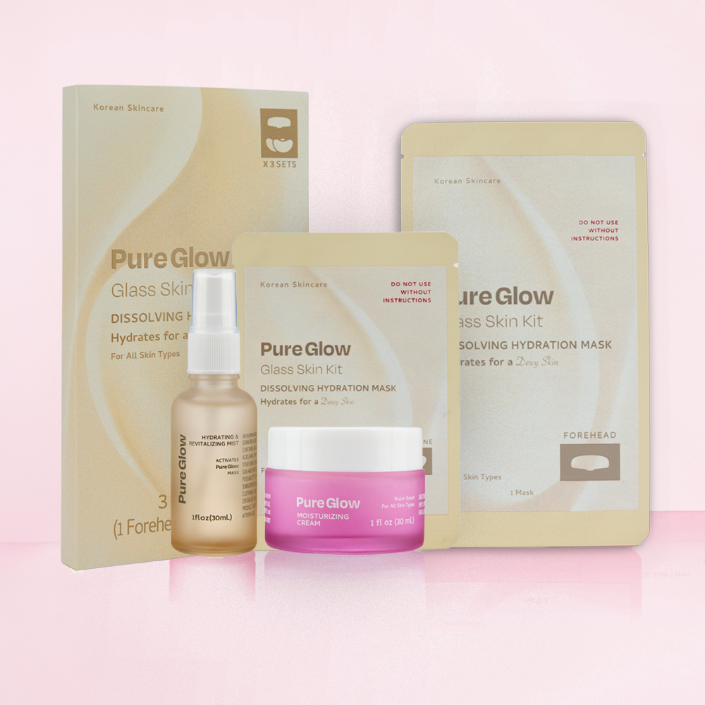 Pure Glow skincare products including cream, mist, and hydration mask on a pink background.