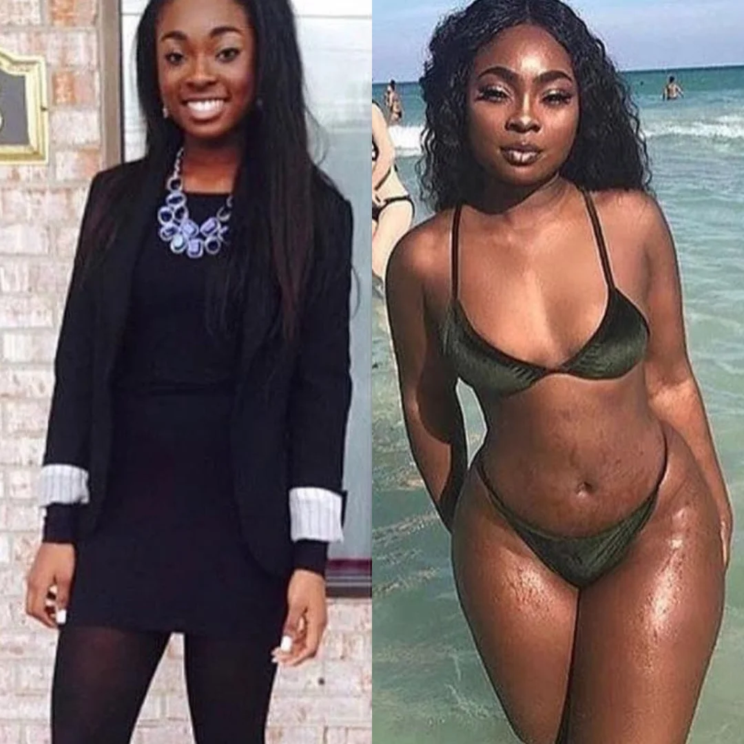 A split image showing a woman in professional attire on the left and in a bikini on the right.