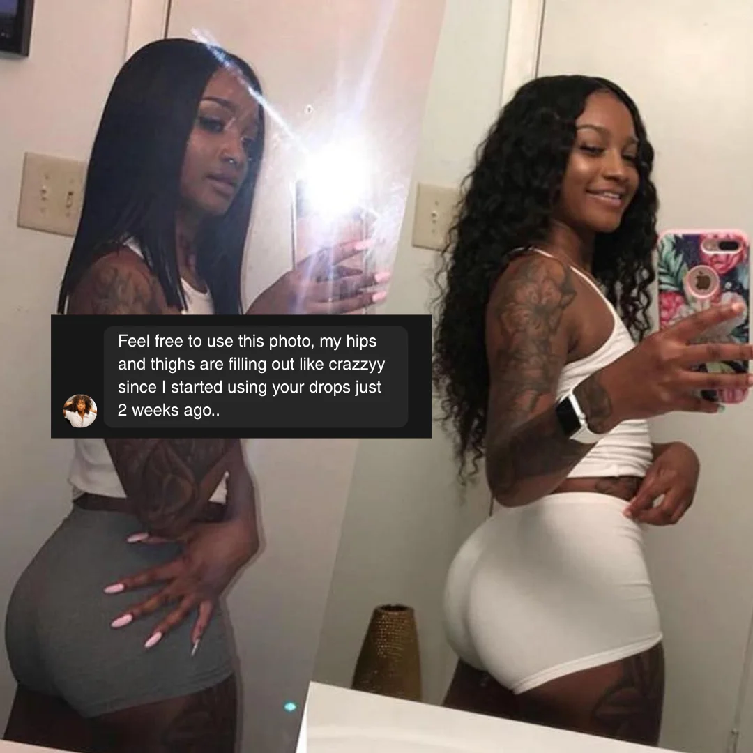 A before and after diptych of a woman taking mirror selfies, with an overlaid positive customer review.