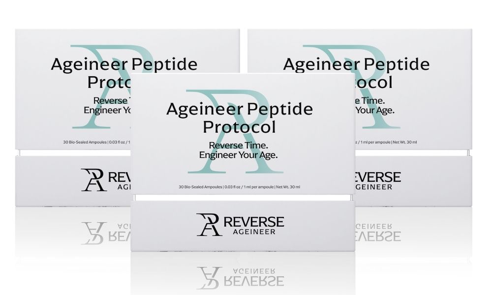 Boxes labeled 'Ageineer Peptide Protocol' with 'Reverse Ageineer' logo.