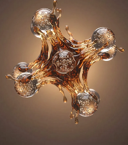 An abstract, molecule-like structure made of splashing, bubbly, amber-colored liquid against a brown background.