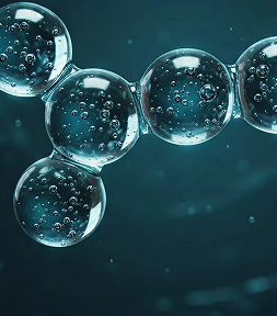 A close-up of a molecular structure made of clear spheres containing smaller bubbles.