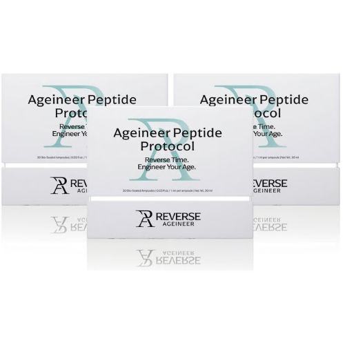 Three boxes of Ageineer Peptide Protocol skincare product arranged on a reflective white surface.