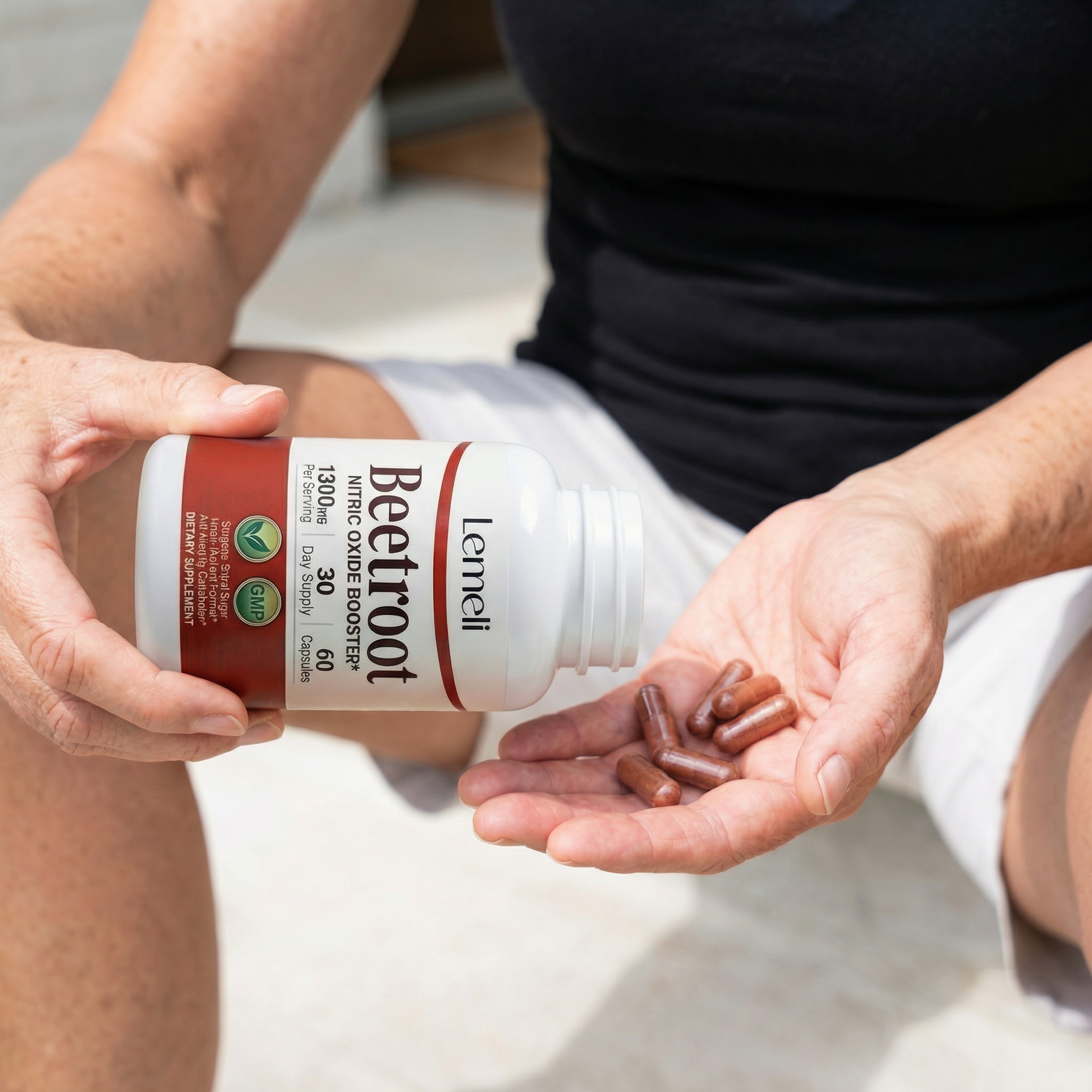 A person pours beetroot supplement capsules from a white bottle into their cupped hand.