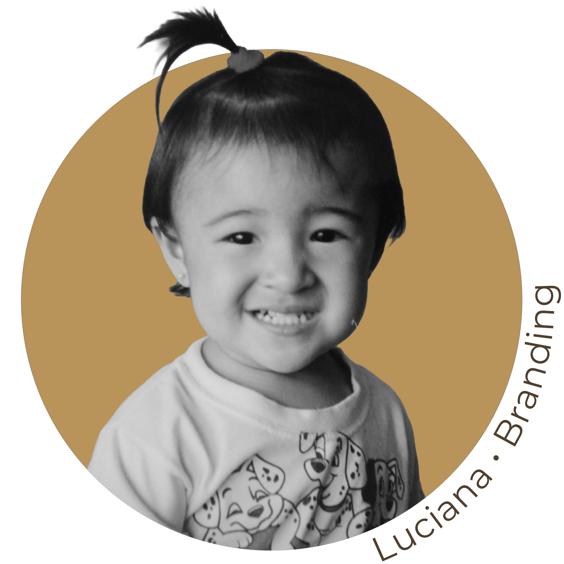 A black and white circular photo of a smiling toddler with the text 'Luciana • Branding'.