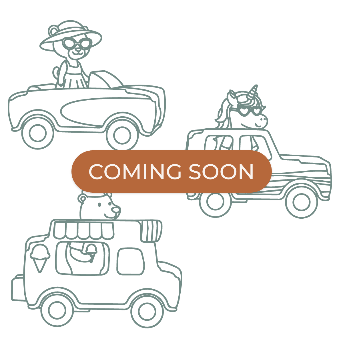 A 'Coming Soon' placeholder image with line drawings of cartoon animals in cars.