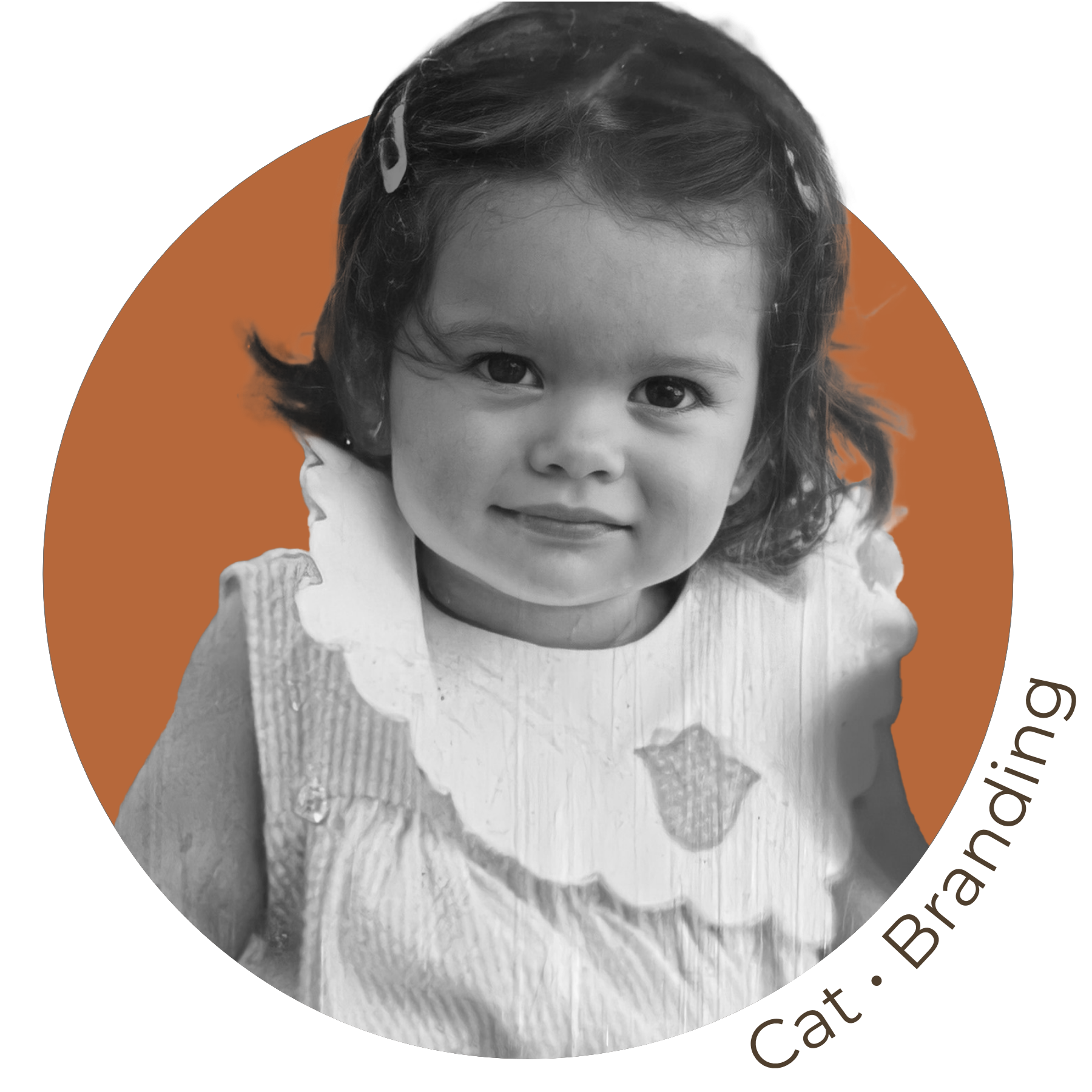 A circular logo with a black and white photograph of a young girl and the text 'Cat • Branding'.