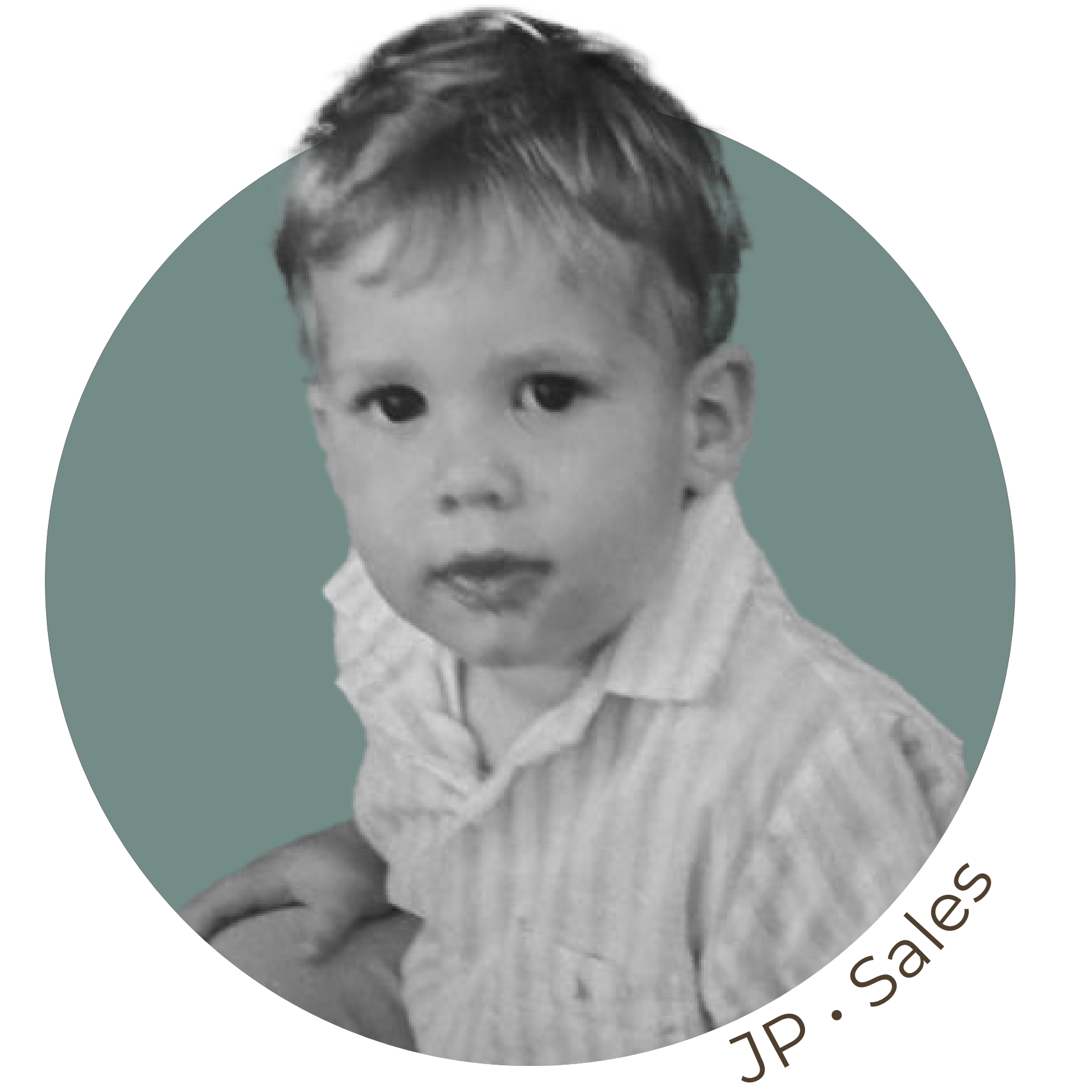 A circular, black and white photo of a young child with the text 'JP · Sales' below.