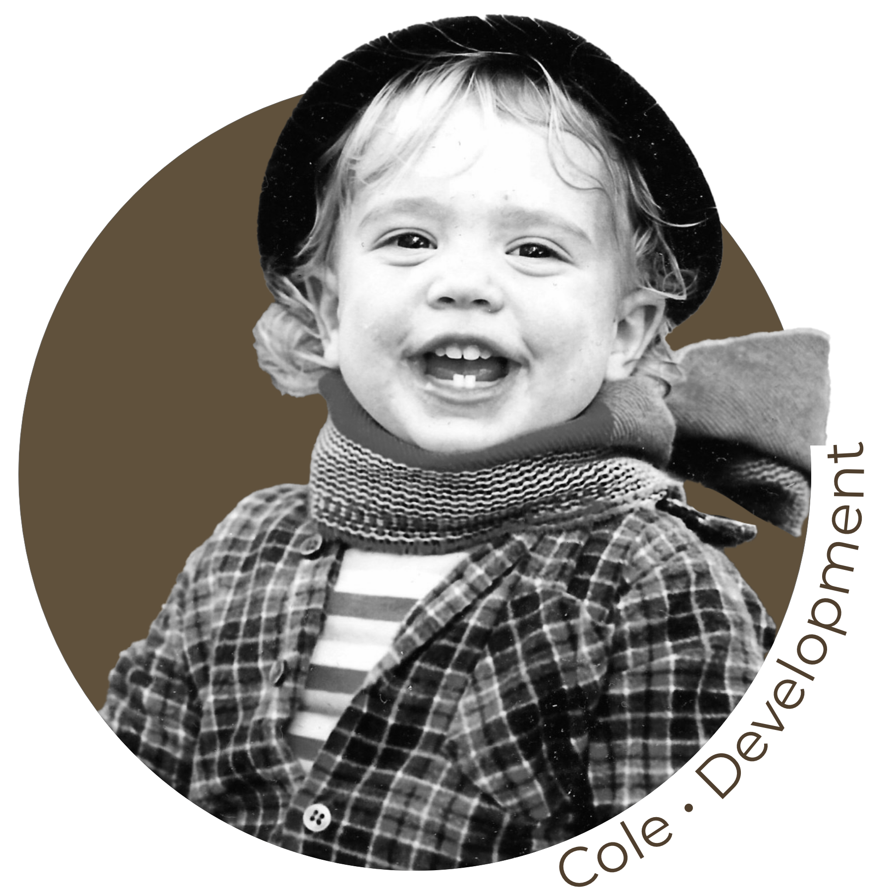 Cole Development logo featuring a black-and-white photo of a smiling toddler in a hat and scarf.