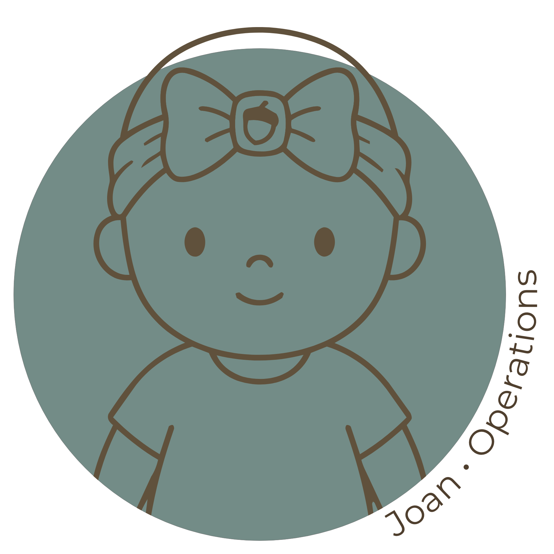 A circular logo for Joan, Operations featuring a line drawing of a baby with an acorn bow.