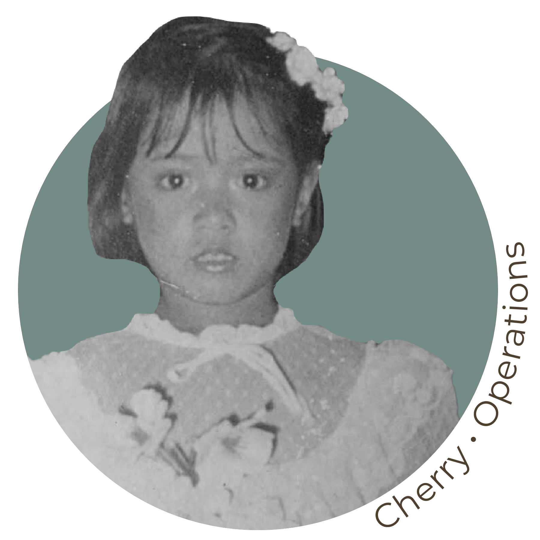 A circular, black and white childhood photo of a young girl with text reading 'Cherry • Operations'.