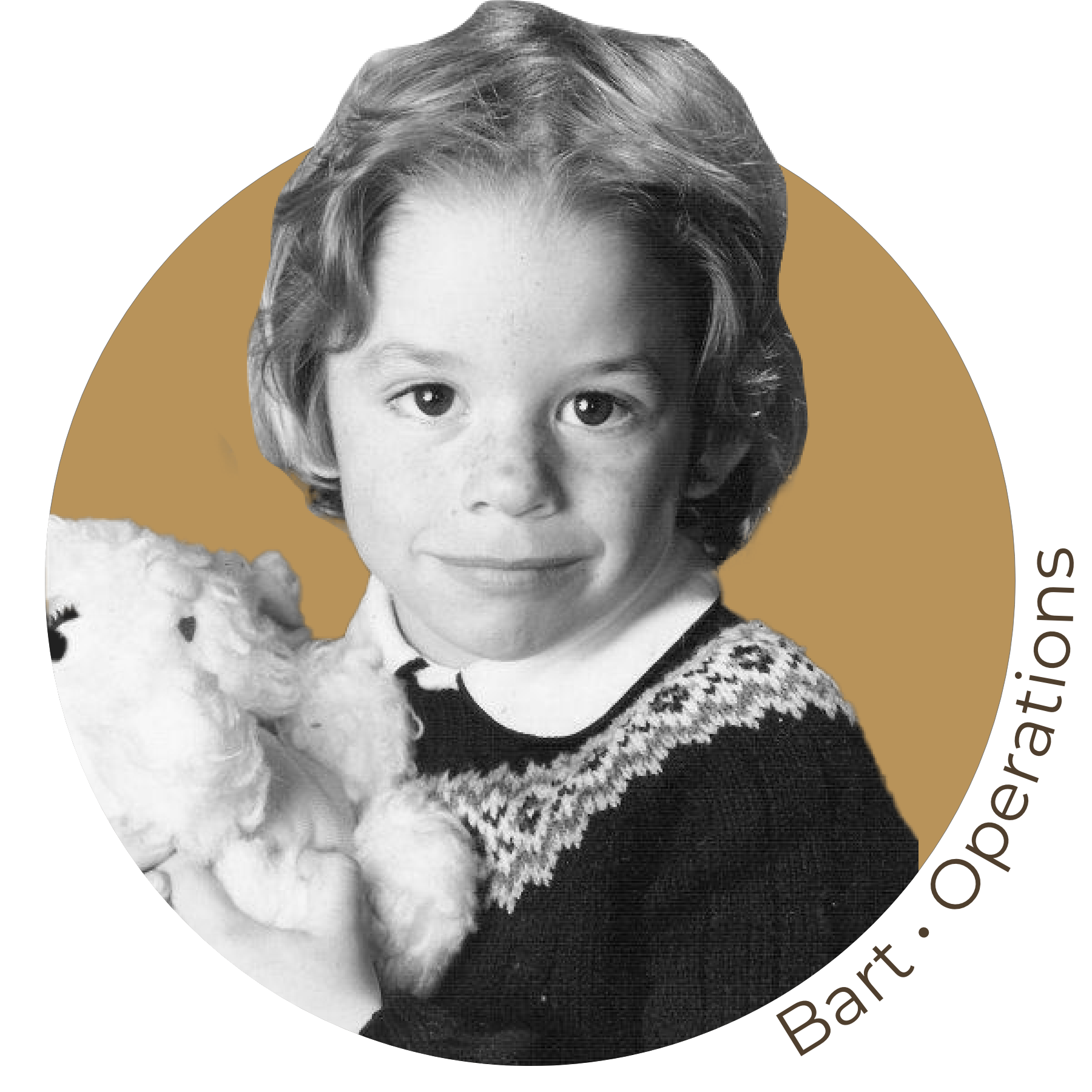 A black and white circular photograph of a young girl holding a stuffed animal, labeled Bart • Operations.