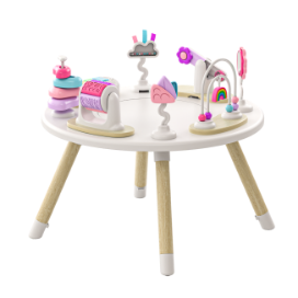 A round, white children's activity table with wooden legs and various attached pastel-colored toys on top.
