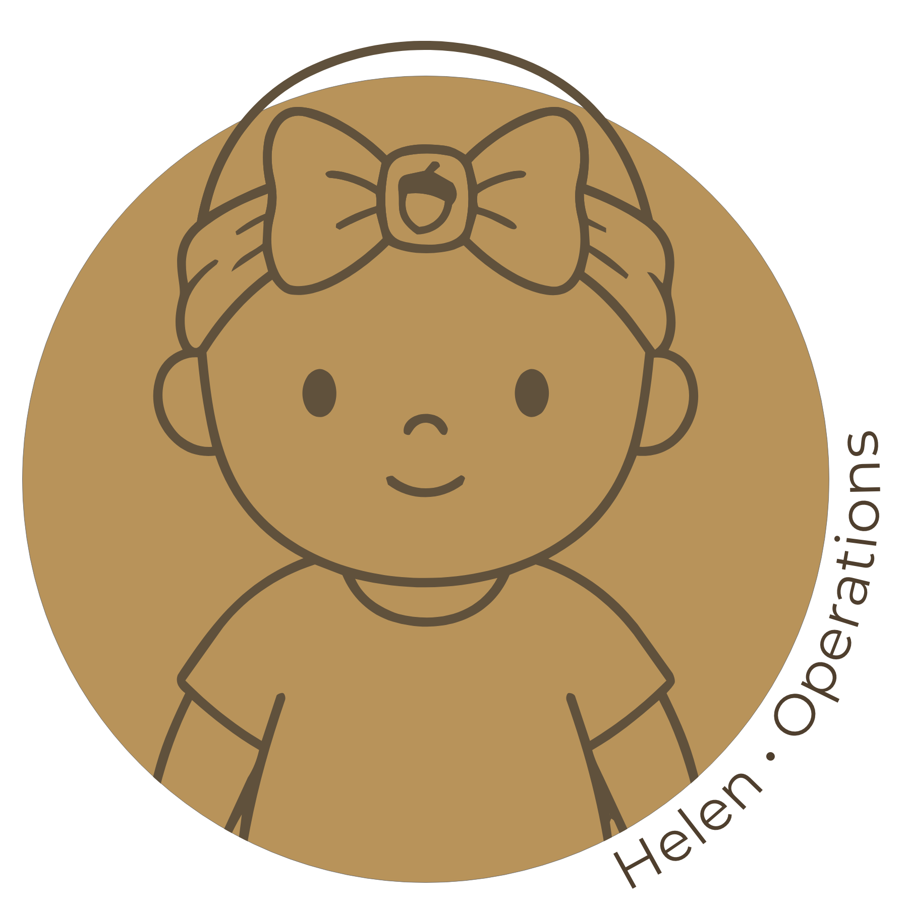 A line drawing of a smiling child with a bow, with text that reads 'Helen • Operations'.
