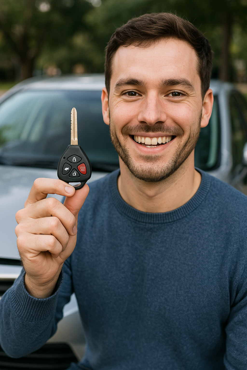 Smiling person holding a car key fob in front of a vehicle.