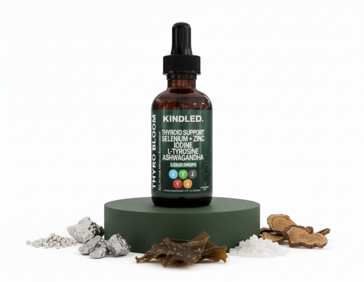Dropper bottle on a green platform with various natural ingredients around it.