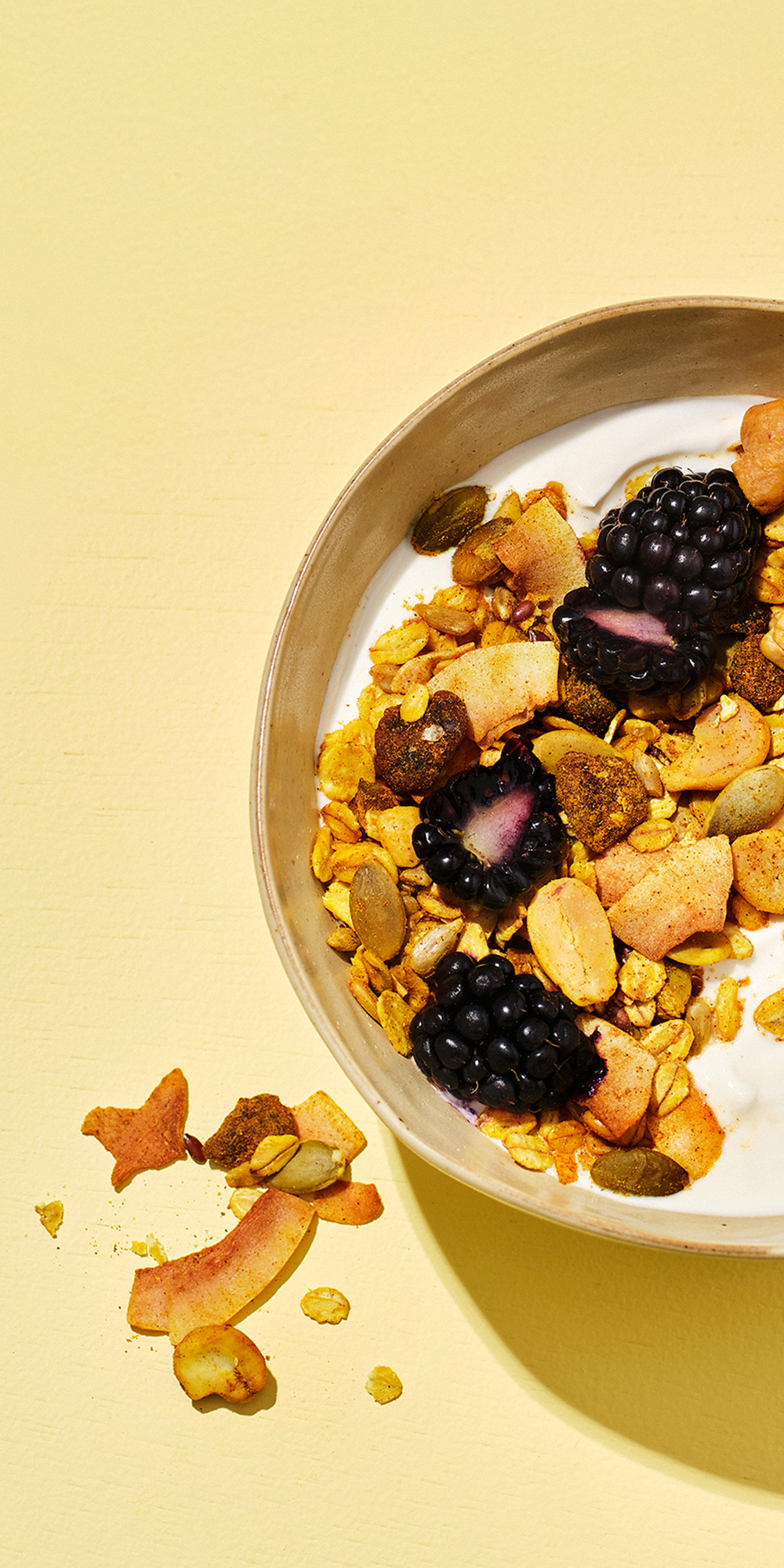 A close-up of a bowl of yogurt topped with granola, seeds, and fresh blackberries.