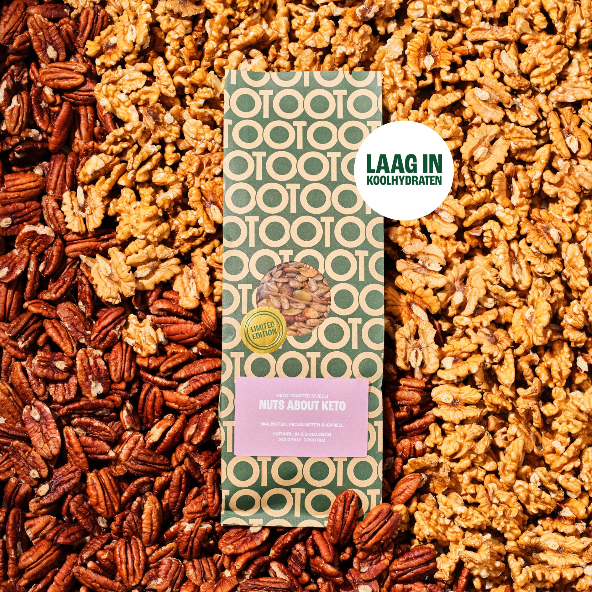 A bag of keto muesli lying on a bed of pecans and walnuts.