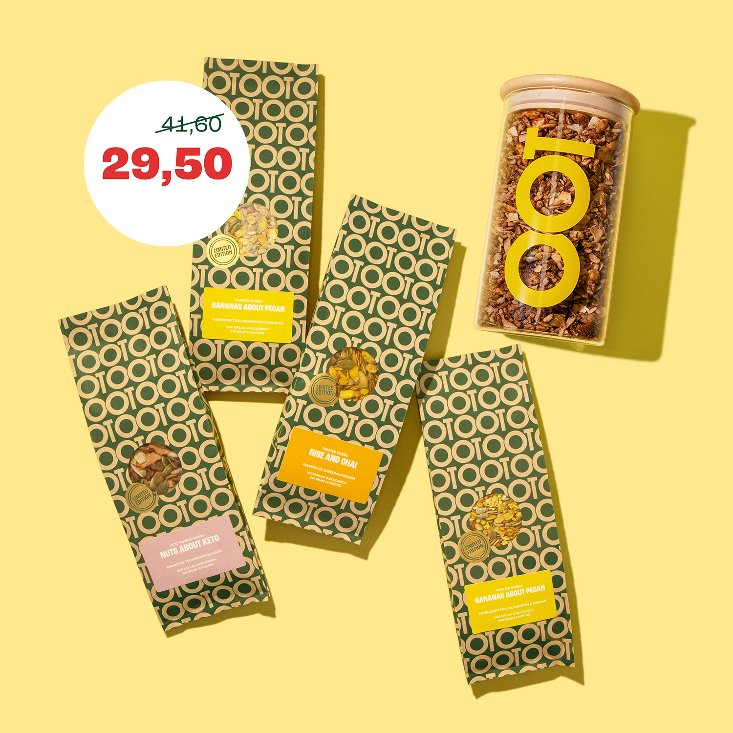 Four bags and a jar of granola products arranged on a yellow background with a sale price graphic.