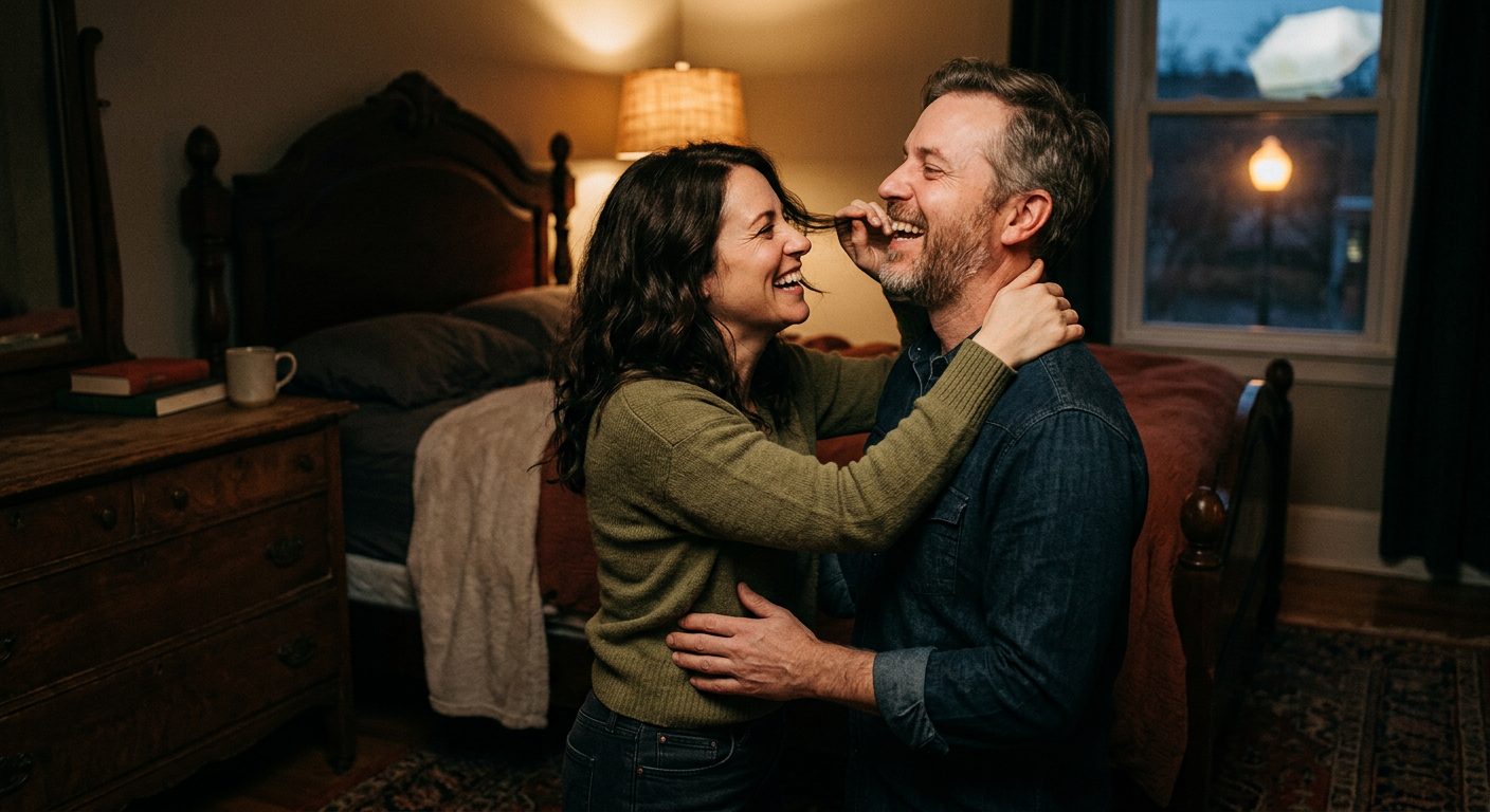 Couple in their 40s connected and playful